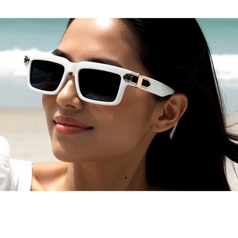 White Square Sunglasses Mens Womens Gold Detail Fashion Eyewear Luxury UV400 New